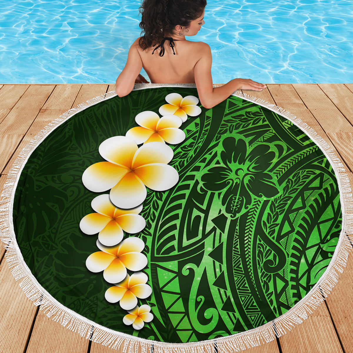 Green Polynesia Beach Blanket Plumeria Tropical Leaves With Galaxy Polynesian Art - Wonder Print Shop