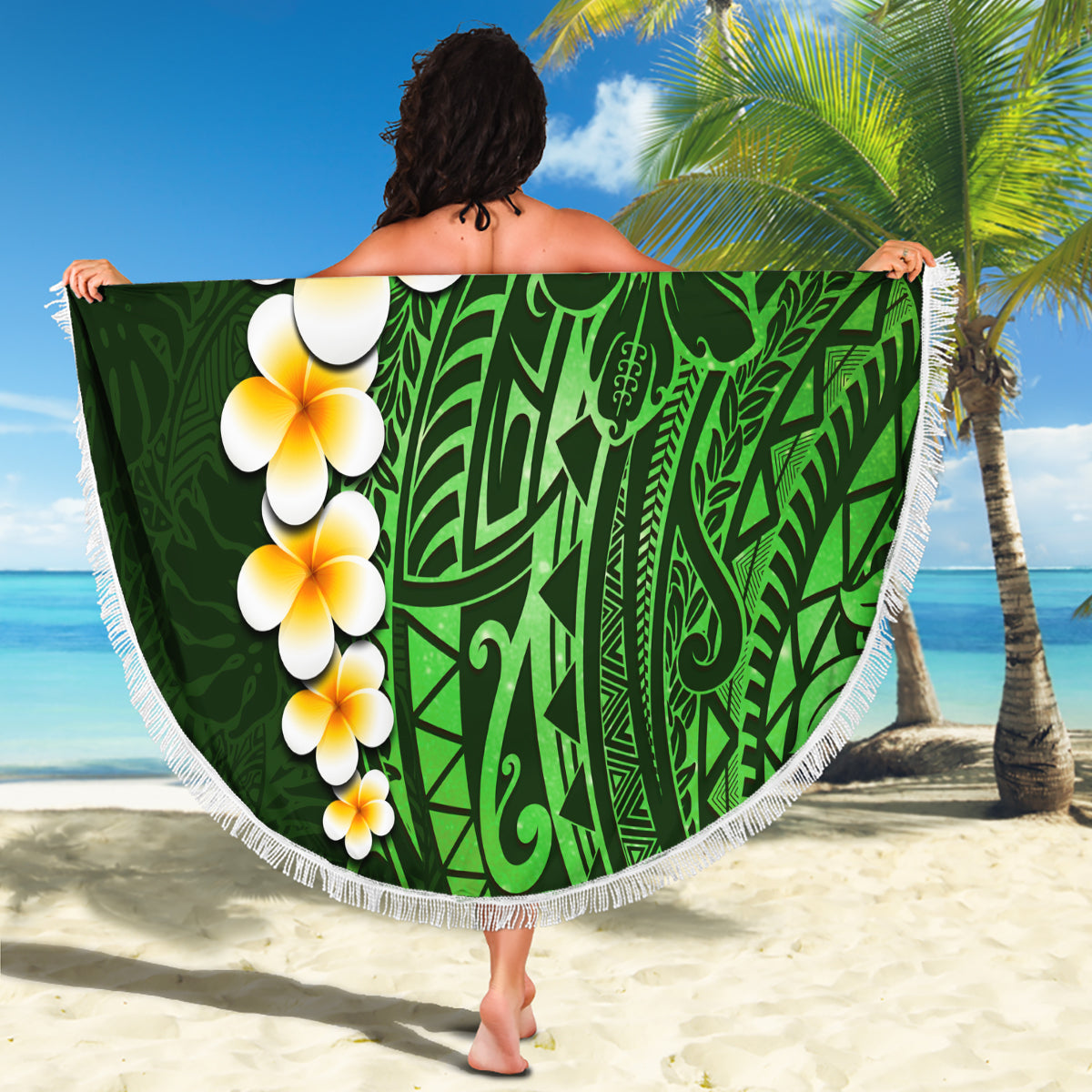 Green Polynesia Beach Blanket Plumeria Tropical Leaves With Galaxy Polynesian Art - Wonder Print Shop