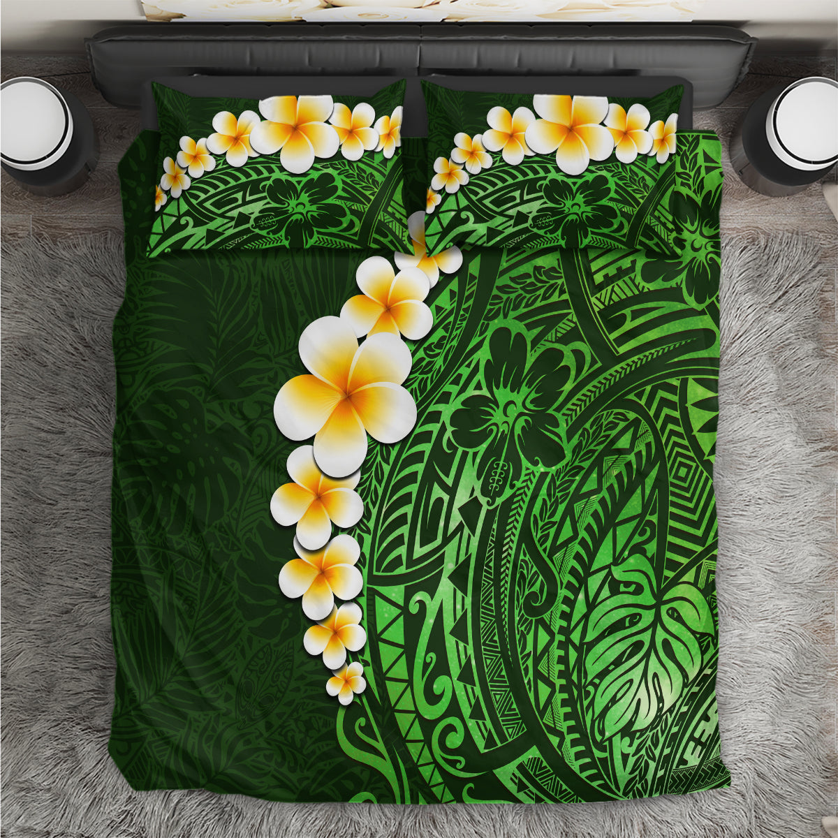 Green Polynesia Bedding Set Plumeria Tropical Leaves With Galaxy Polynesian Art - Wonder Print Shop