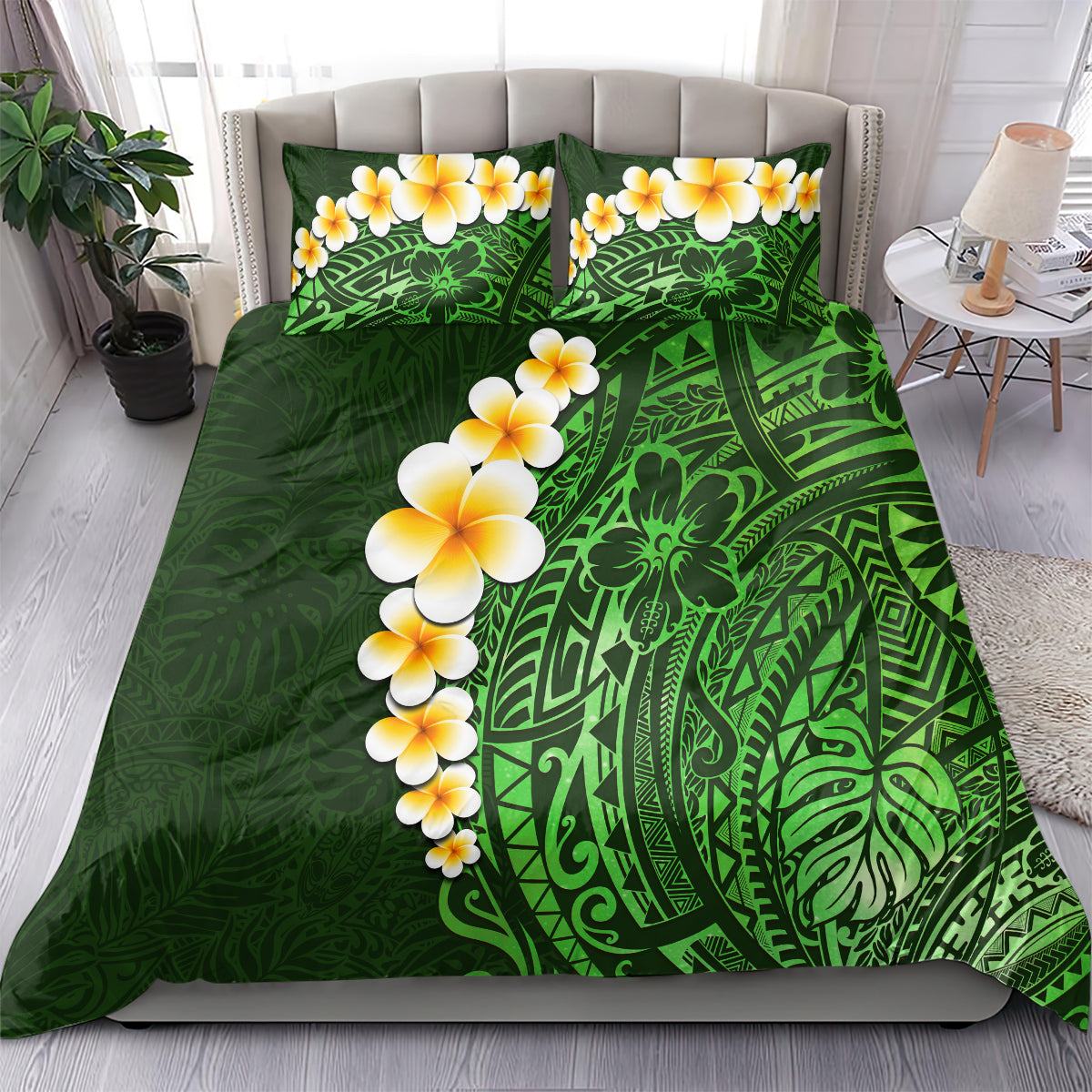 Green Polynesia Bedding Set Plumeria Tropical Leaves With Galaxy Polynesian Art - Wonder Print Shop