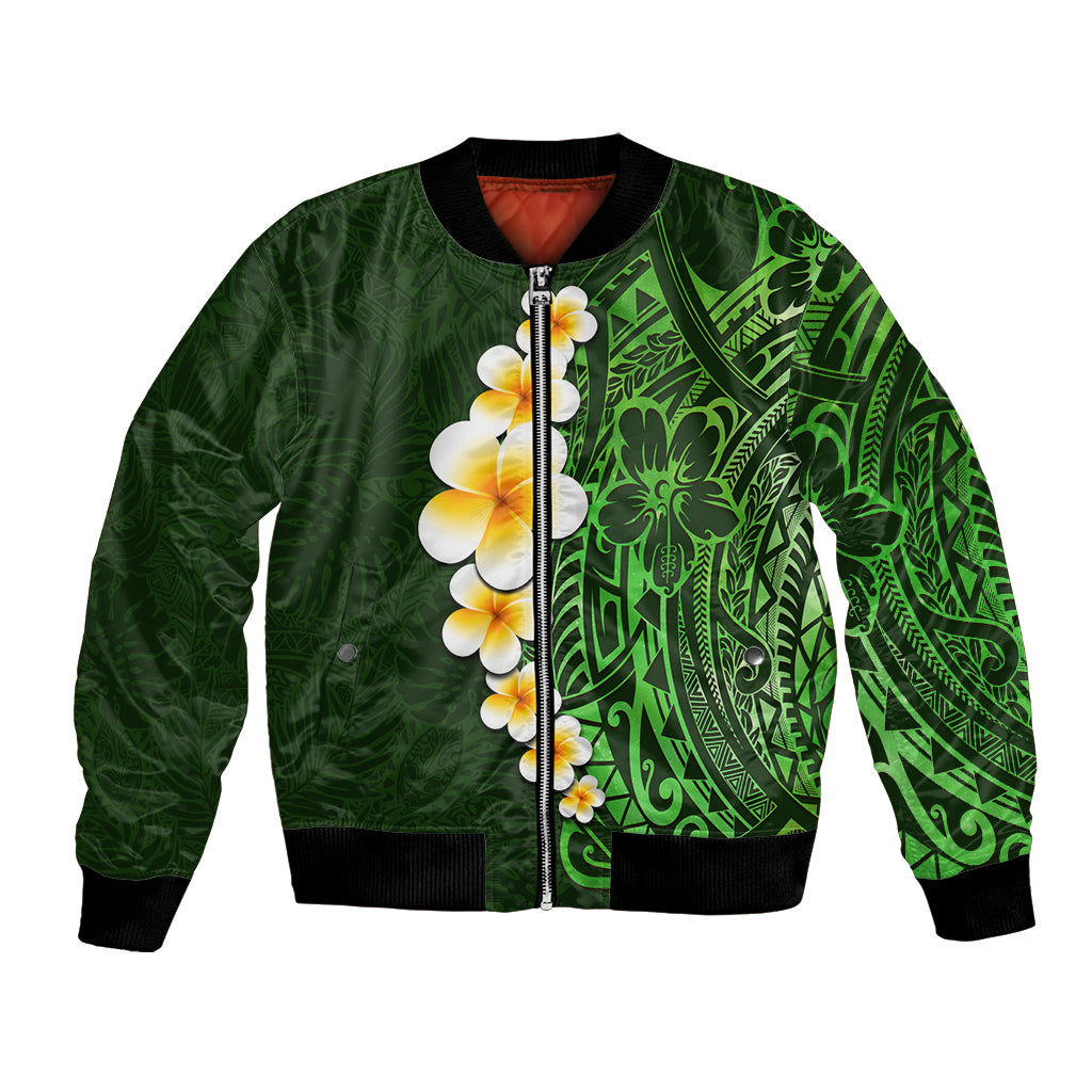 Green Polynesia Bomber Jacket Plumeria Tropical Leaves With Galaxy Polynesian Art - Wonder Print Shop