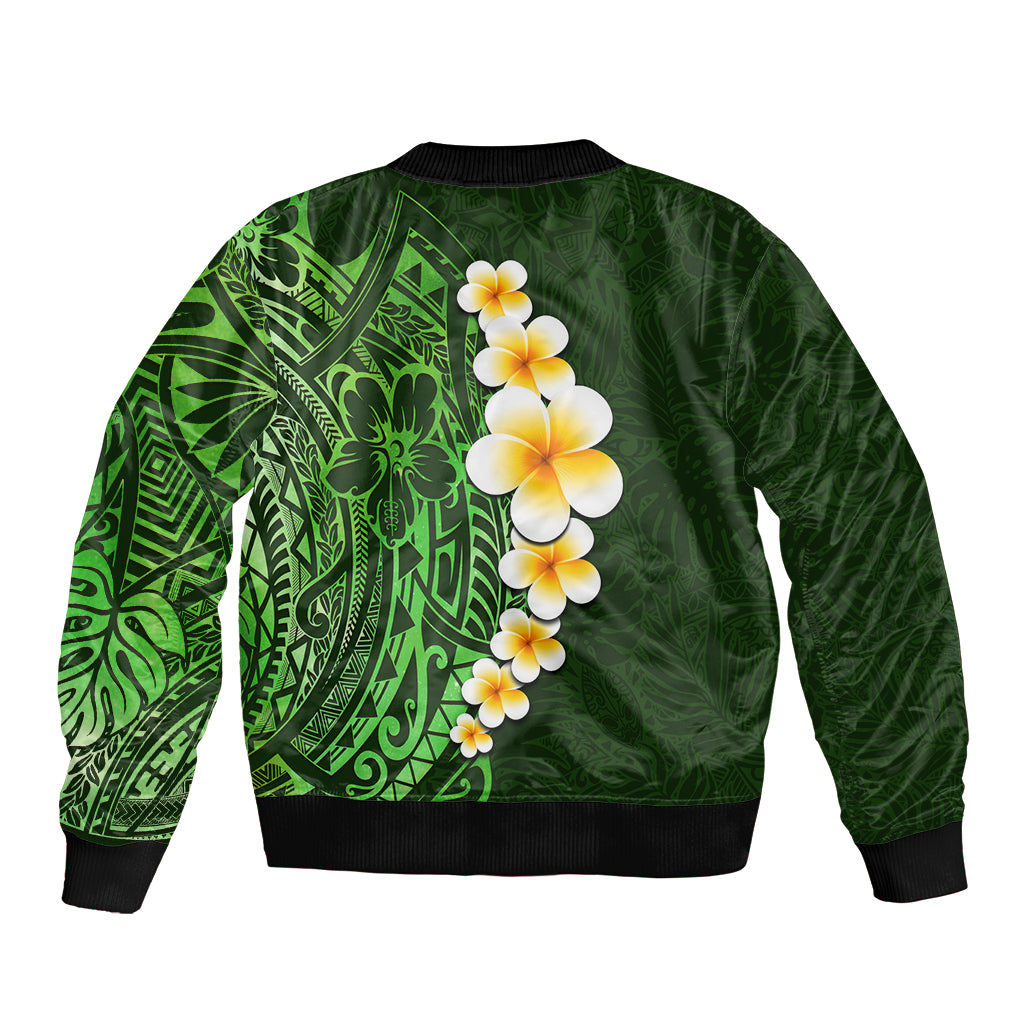 Green Polynesia Bomber Jacket Plumeria Tropical Leaves With Galaxy Polynesian Art - Wonder Print Shop