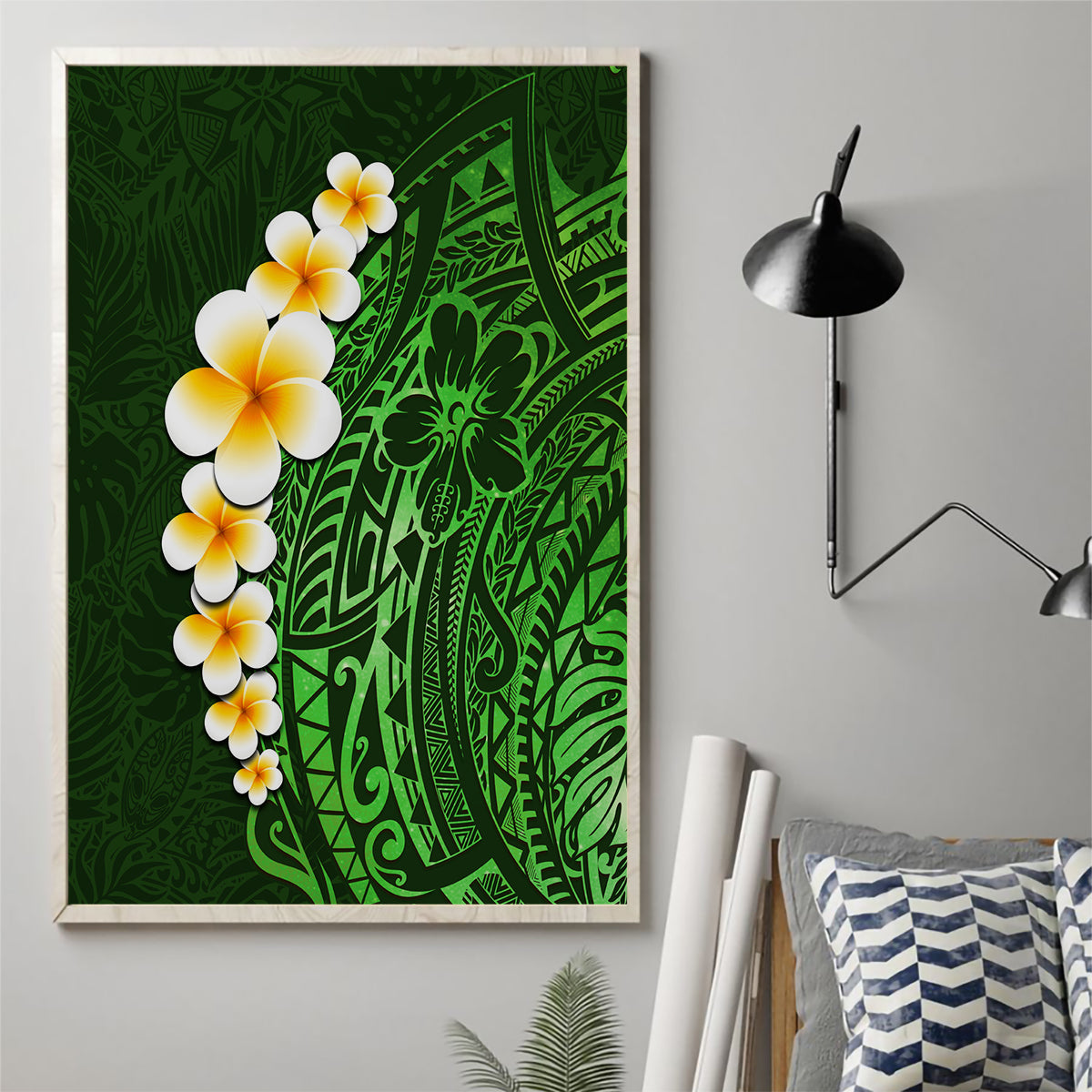 Green Polynesia Canvas Wall Art Plumeria Tropical Leaves With Galaxy Polynesian Art - Wonder Print Shop