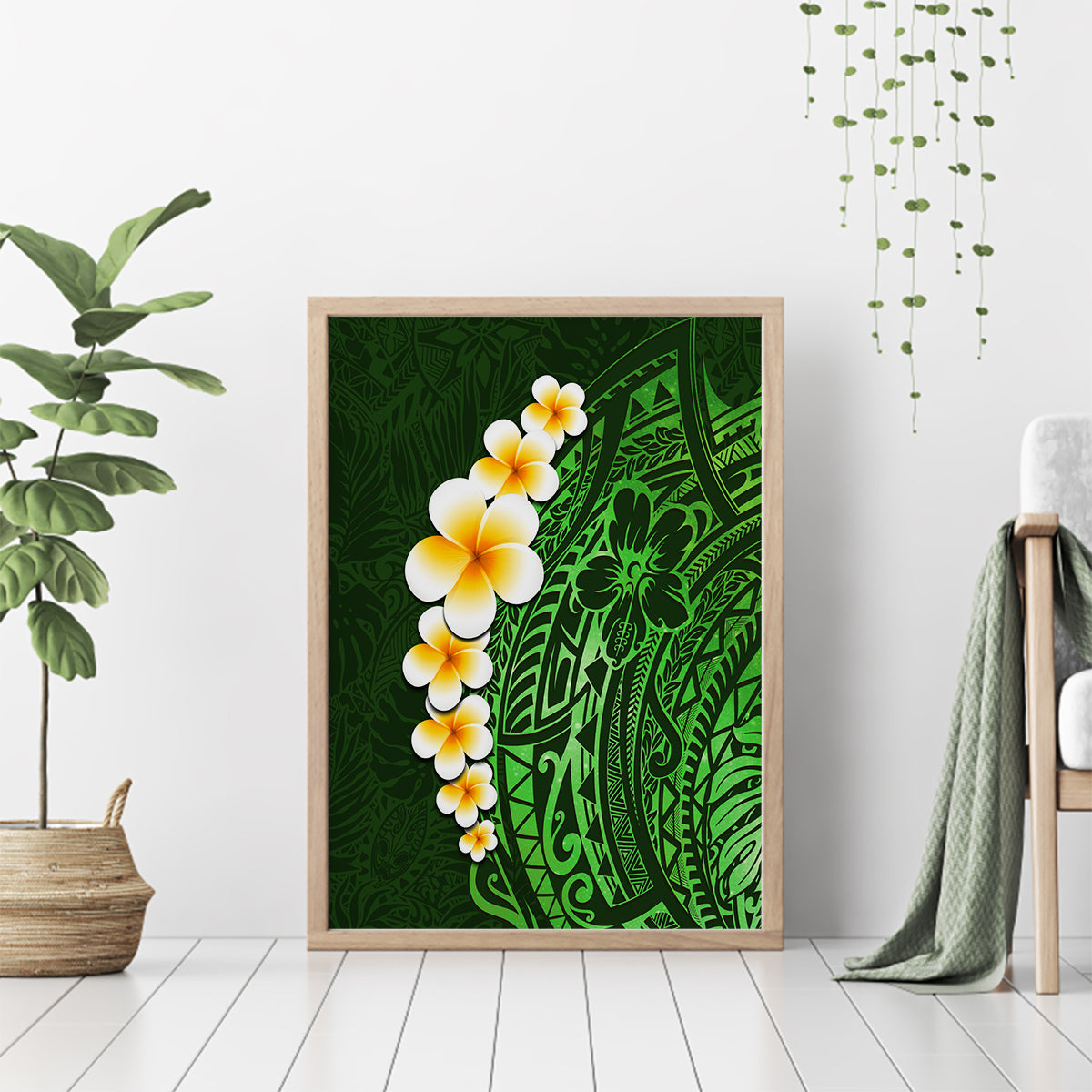 Green Polynesia Canvas Wall Art Plumeria Tropical Leaves With Galaxy Polynesian Art - Wonder Print Shop