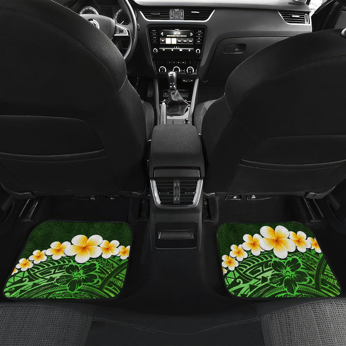 Green Polynesia Car Mats Plumeria Tropical Leaves With Galaxy Polynesian Art - Wonder Print Shop