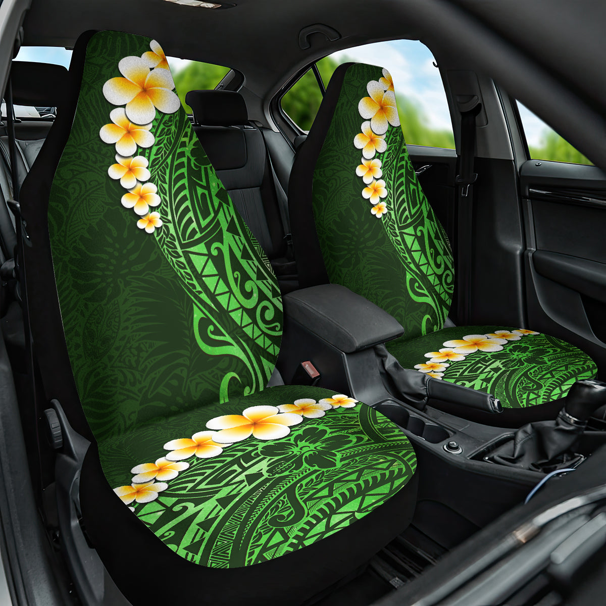 Green Polynesia Car Seat Cover Plumeria Tropical Leaves With Galaxy Polynesian Art - Wonder Print Shop