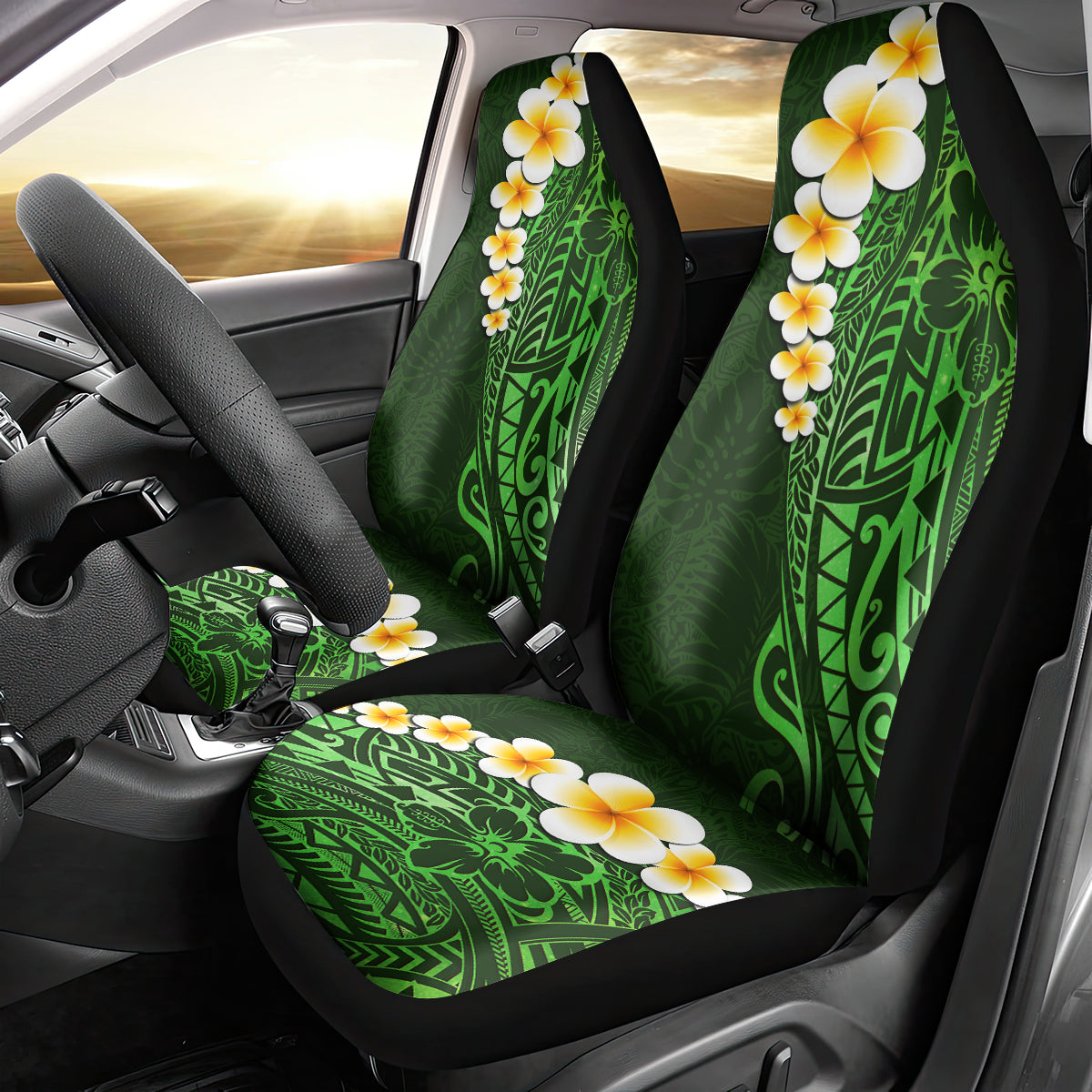 Green Polynesia Car Seat Cover Plumeria Tropical Leaves With Galaxy Polynesian Art - Wonder Print Shop