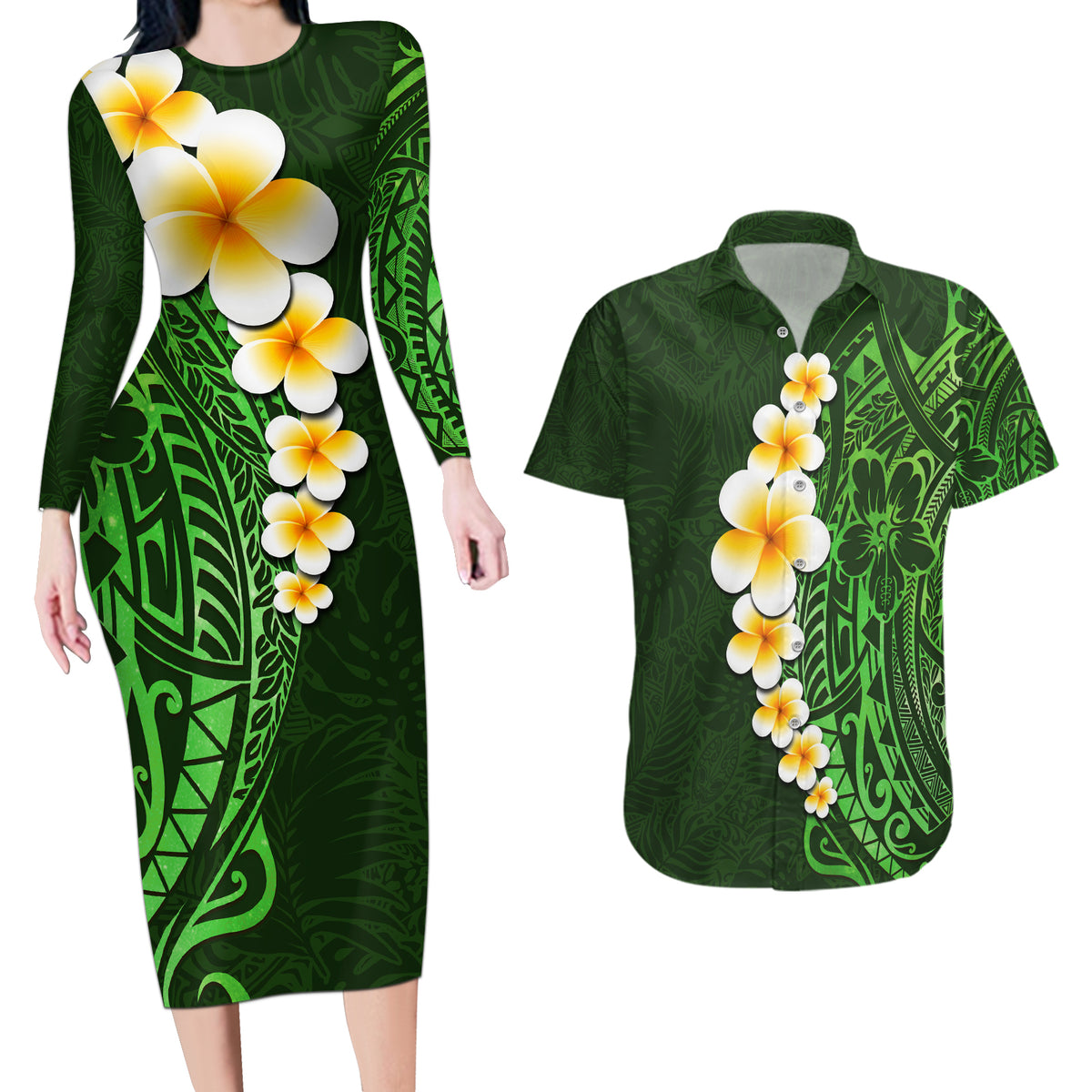 Green Polynesia Couples Matching Long Sleeve Bodycon Dress and Hawaiian Shirt Plumeria Tropical Leaves With Galaxy Polynesian Art - Wonder Print Shop