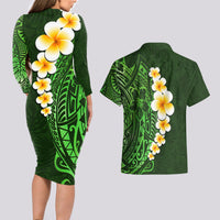 Green Polynesia Couples Matching Long Sleeve Bodycon Dress and Hawaiian Shirt Plumeria Tropical Leaves With Galaxy Polynesian Art - Wonder Print Shop