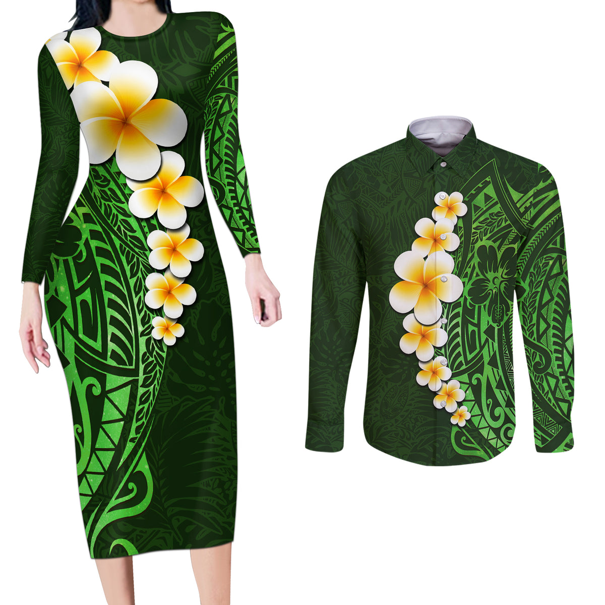 Green Polynesia Couples Matching Long Sleeve Bodycon Dress and Long Sleeve Button Shirt Plumeria Tropical Leaves With Galaxy Polynesian Art - Wonder Print Shop