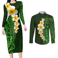 Green Polynesia Couples Matching Long Sleeve Bodycon Dress and Long Sleeve Button Shirt Plumeria Tropical Leaves With Galaxy Polynesian Art - Wonder Print Shop