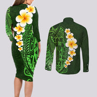 Green Polynesia Couples Matching Long Sleeve Bodycon Dress and Long Sleeve Button Shirt Plumeria Tropical Leaves With Galaxy Polynesian Art - Wonder Print Shop