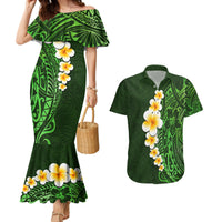Green Polynesia Couples Matching Mermaid Dress and Hawaiian Shirt Plumeria Tropical Leaves With Galaxy Polynesian Art - Wonder Print Shop