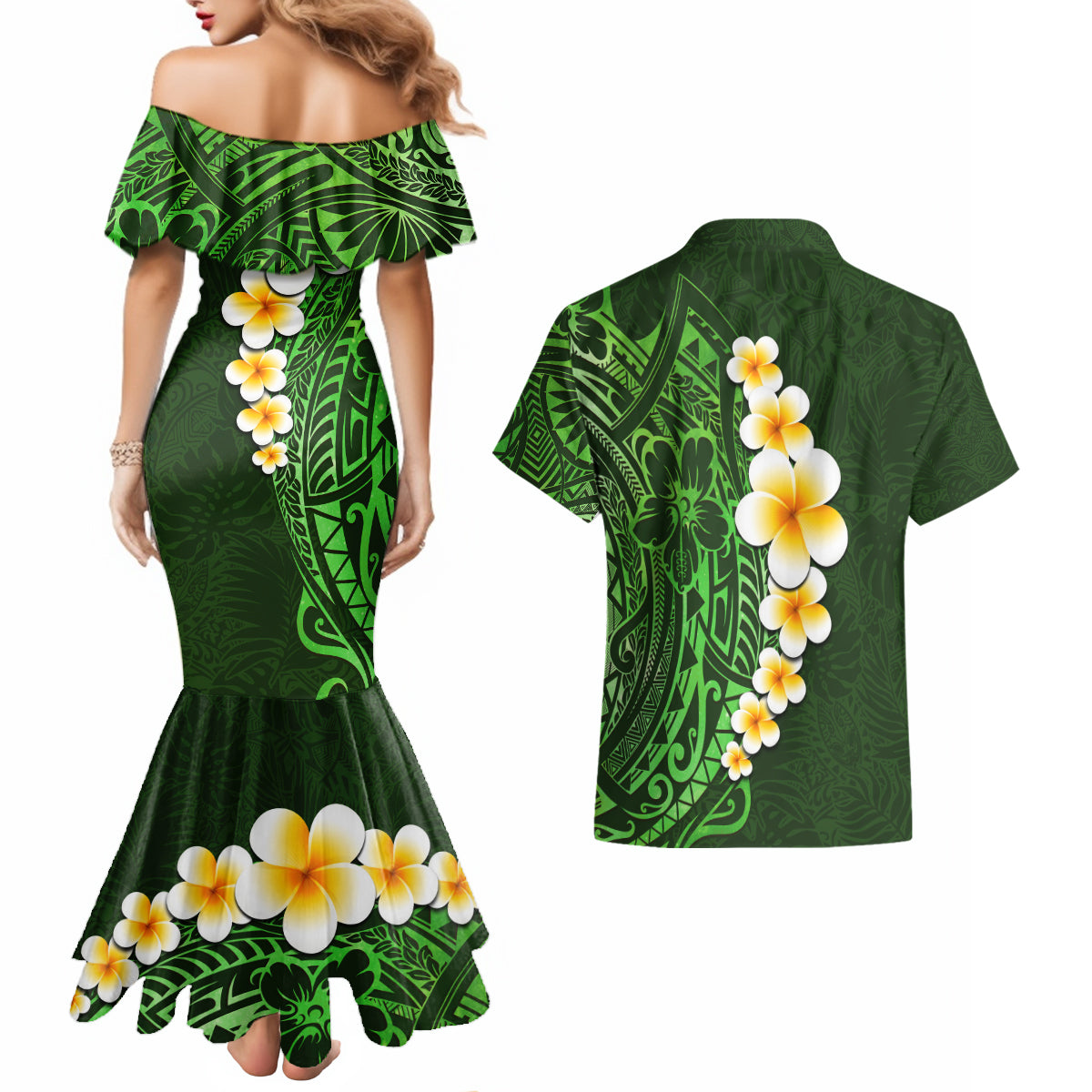 Green Polynesia Couples Matching Mermaid Dress and Hawaiian Shirt Plumeria Tropical Leaves With Galaxy Polynesian Art - Wonder Print Shop