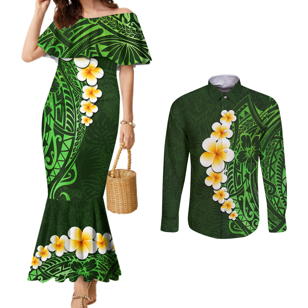 green-polynesia-couples-matching-mermaid-dress-and-long-sleeve-button-shirt-plumeria-tropical-leaves-with-galaxy-polynesian-art