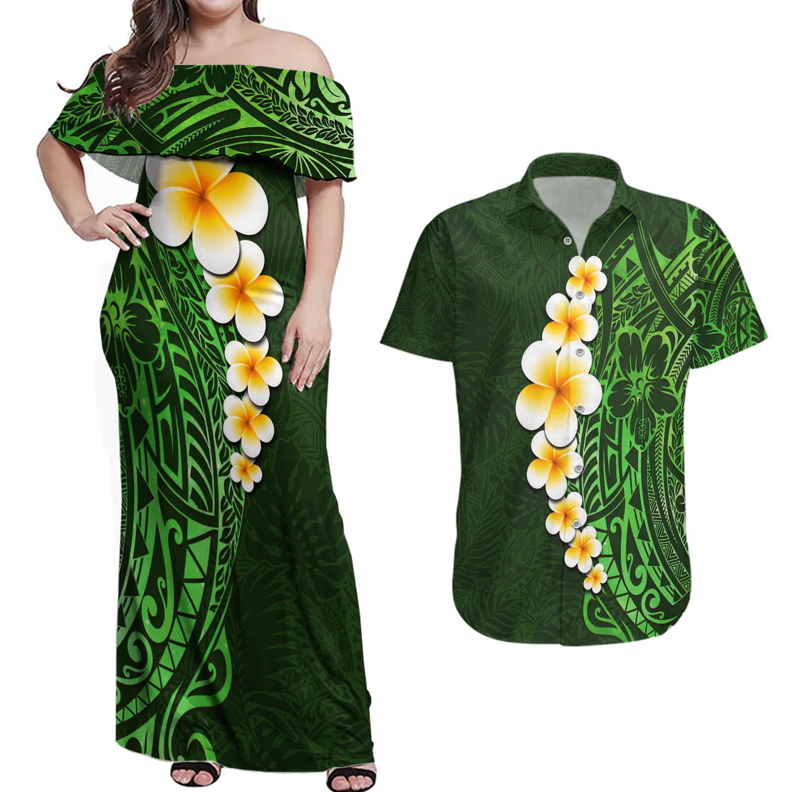 Green Polynesia Couples Matching Off Shoulder Maxi Dress and Hawaiian Shirt Plumeria Tropical Leaves With Galaxy Polynesian Art - Wonder Print Shop
