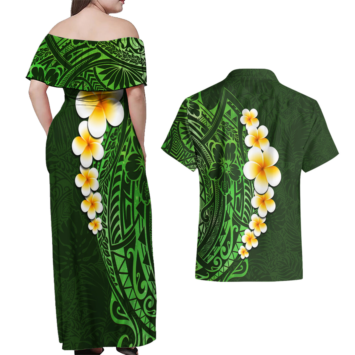 Green Polynesia Couples Matching Off Shoulder Maxi Dress and Hawaiian Shirt Plumeria Tropical Leaves With Galaxy Polynesian Art - Wonder Print Shop