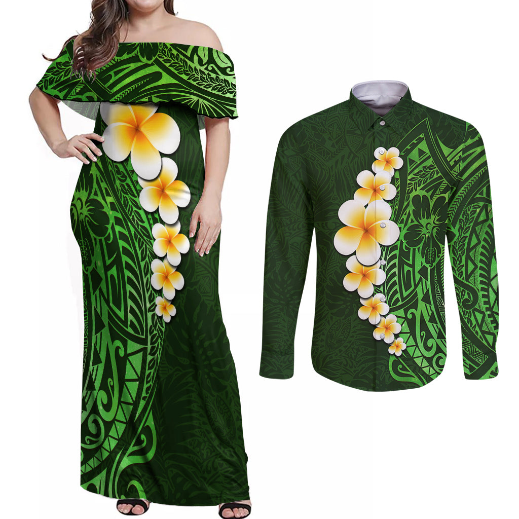 Green Polynesia Couples Matching Off Shoulder Maxi Dress and Long Sleeve Button Shirt Plumeria Tropical Leaves With Galaxy Polynesian Art - Wonder Print Shop