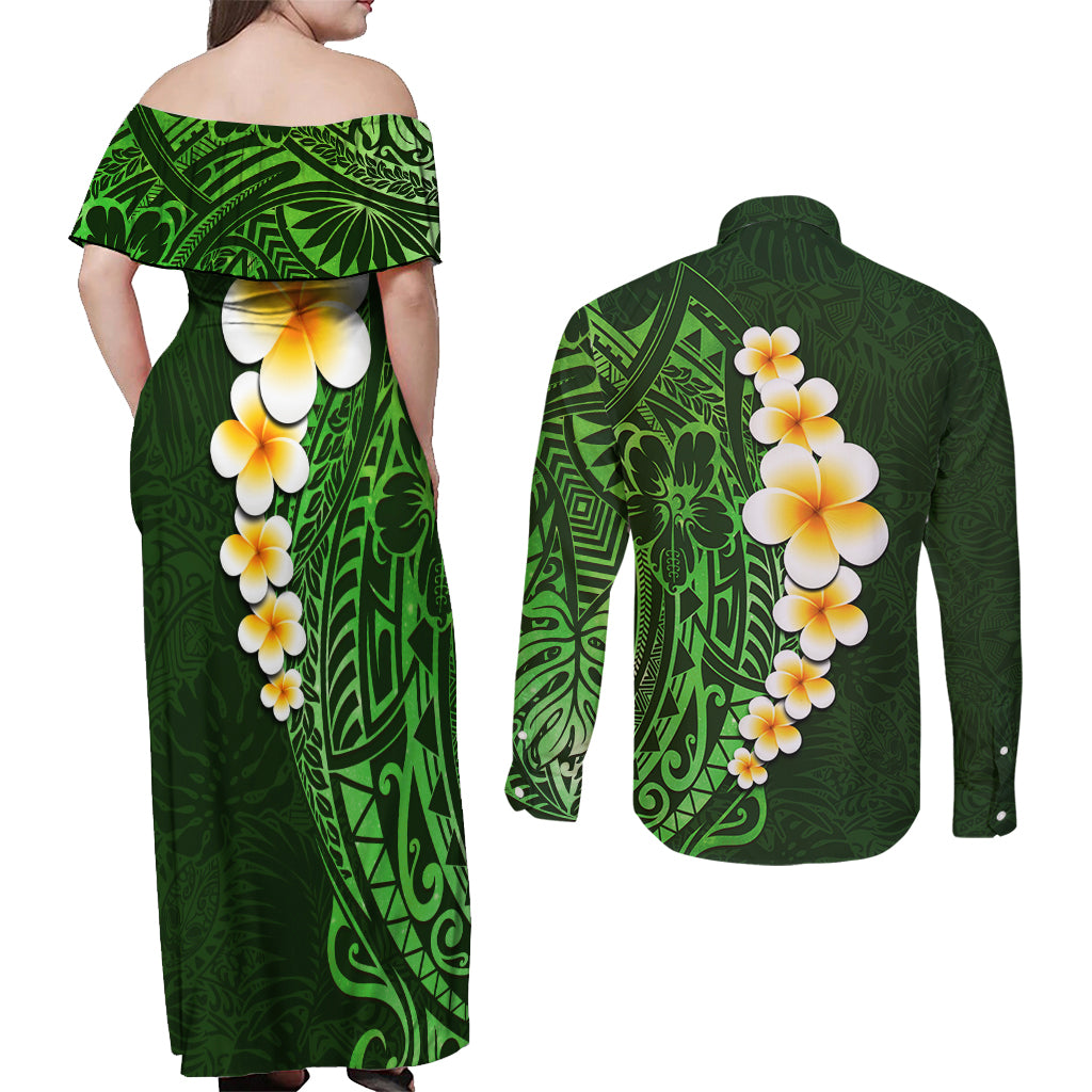 Green Polynesia Couples Matching Off Shoulder Maxi Dress and Long Sleeve Button Shirt Plumeria Tropical Leaves With Galaxy Polynesian Art - Wonder Print Shop