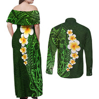 Green Polynesia Couples Matching Off Shoulder Maxi Dress and Long Sleeve Button Shirt Plumeria Tropical Leaves With Galaxy Polynesian Art - Wonder Print Shop