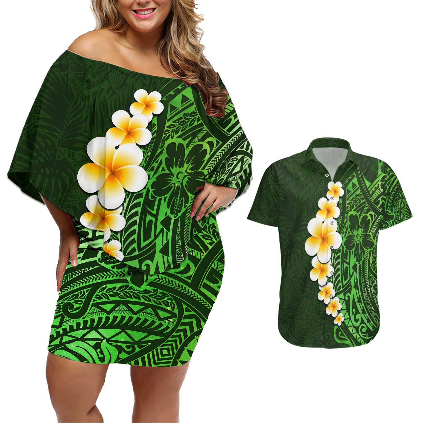 Green Polynesia Couples Matching Off Shoulder Short Dress and Hawaiian Shirt Plumeria Tropical Leaves With Galaxy Polynesian Art - Wonder Print Shop