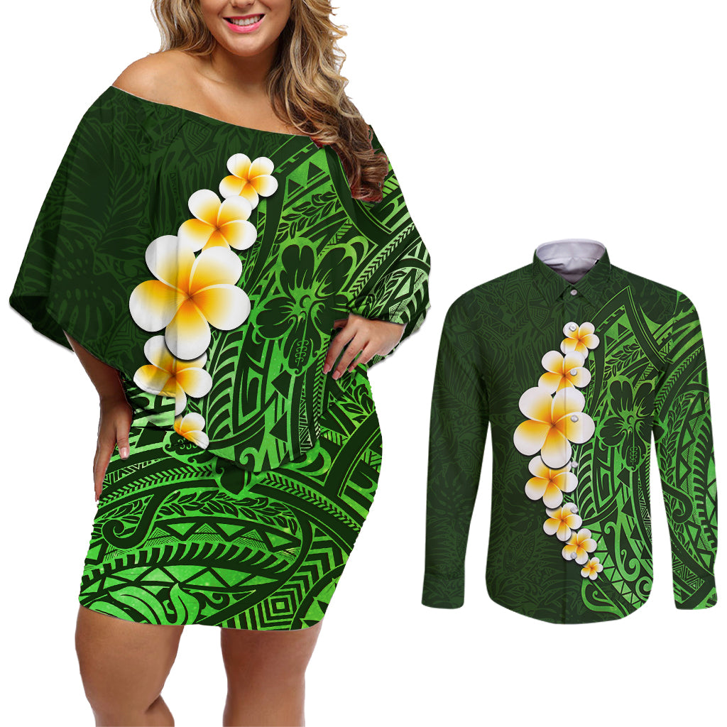 Green Polynesia Couples Matching Off Shoulder Short Dress and Long Sleeve Button Shirt Plumeria Tropical Leaves With Galaxy Polynesian Art - Wonder Print Shop