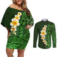 Green Polynesia Couples Matching Off Shoulder Short Dress and Long Sleeve Button Shirt Plumeria Tropical Leaves With Galaxy Polynesian Art - Wonder Print Shop