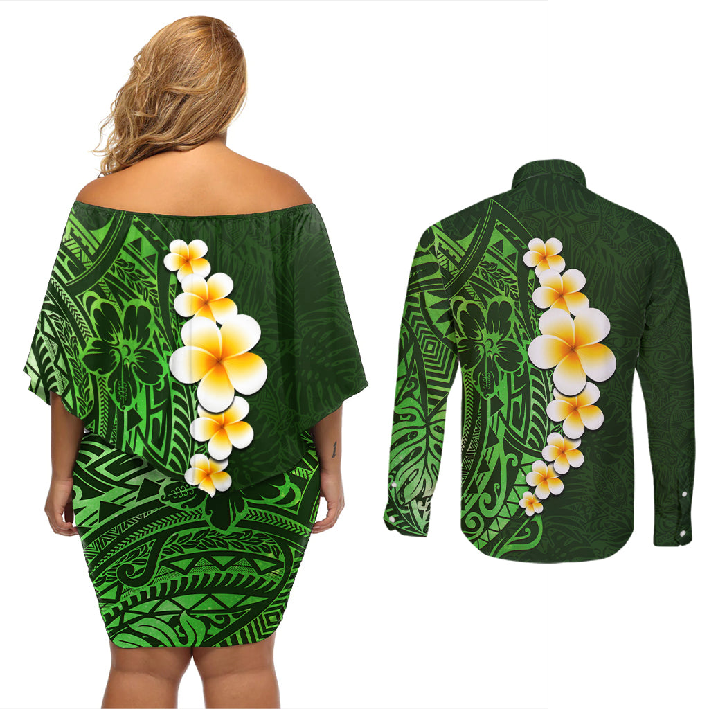 Green Polynesia Couples Matching Off Shoulder Short Dress and Long Sleeve Button Shirt Plumeria Tropical Leaves With Galaxy Polynesian Art - Wonder Print Shop