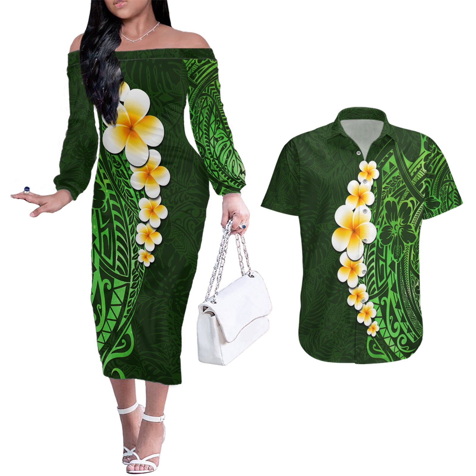 Green Polynesia Couples Matching Off The Shoulder Long Sleeve Dress and Hawaiian Shirt Plumeria Tropical Leaves With Galaxy Polynesian Art - Wonder Print Shop