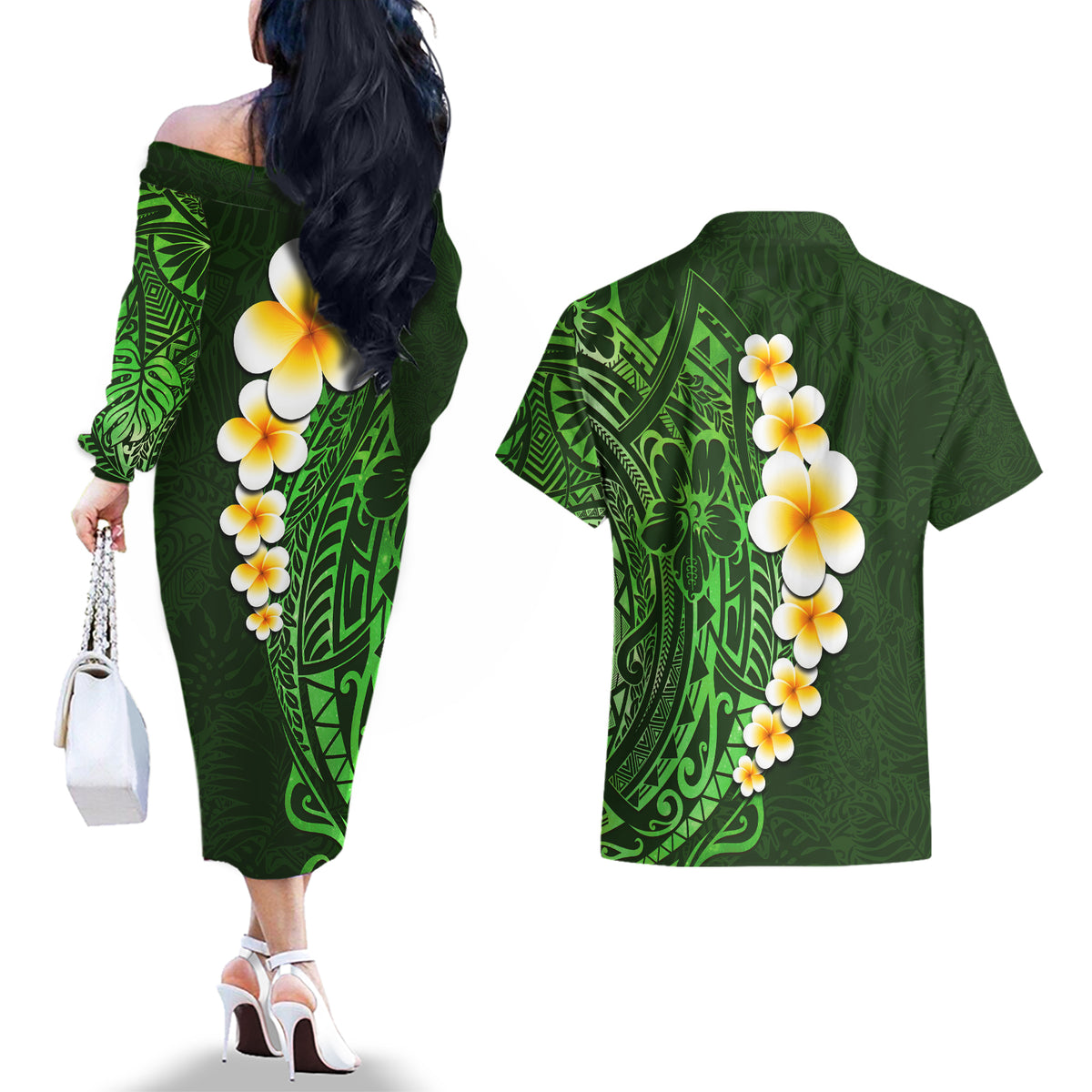 Green Polynesia Couples Matching Off The Shoulder Long Sleeve Dress and Hawaiian Shirt Plumeria Tropical Leaves With Galaxy Polynesian Art - Wonder Print Shop