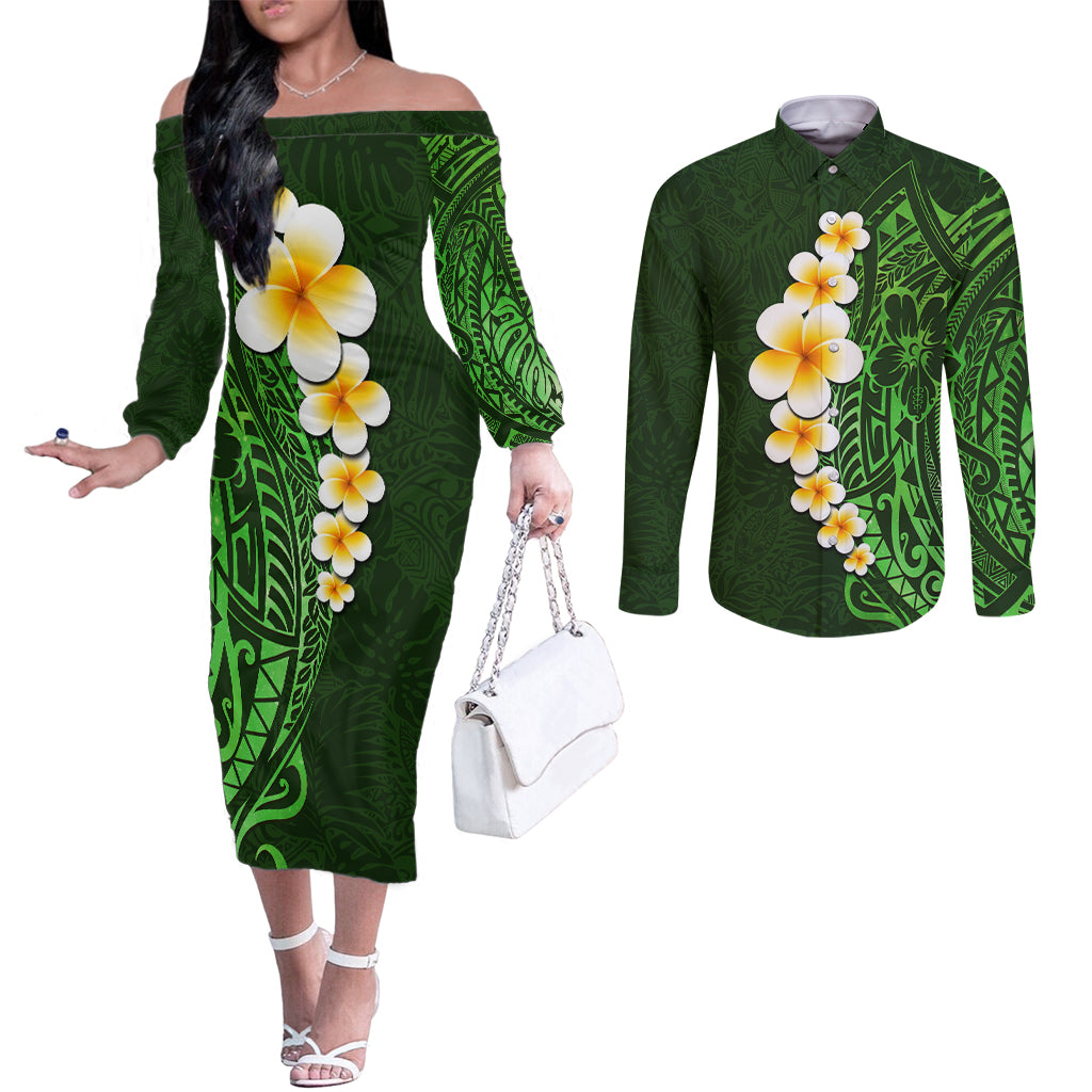 green-polynesia-couples-matching-off-the-shoulder-long-sleeve-dress-and-long-sleeve-button-shirt-plumeria-tropical-leaves-with-galaxy-polynesian-art