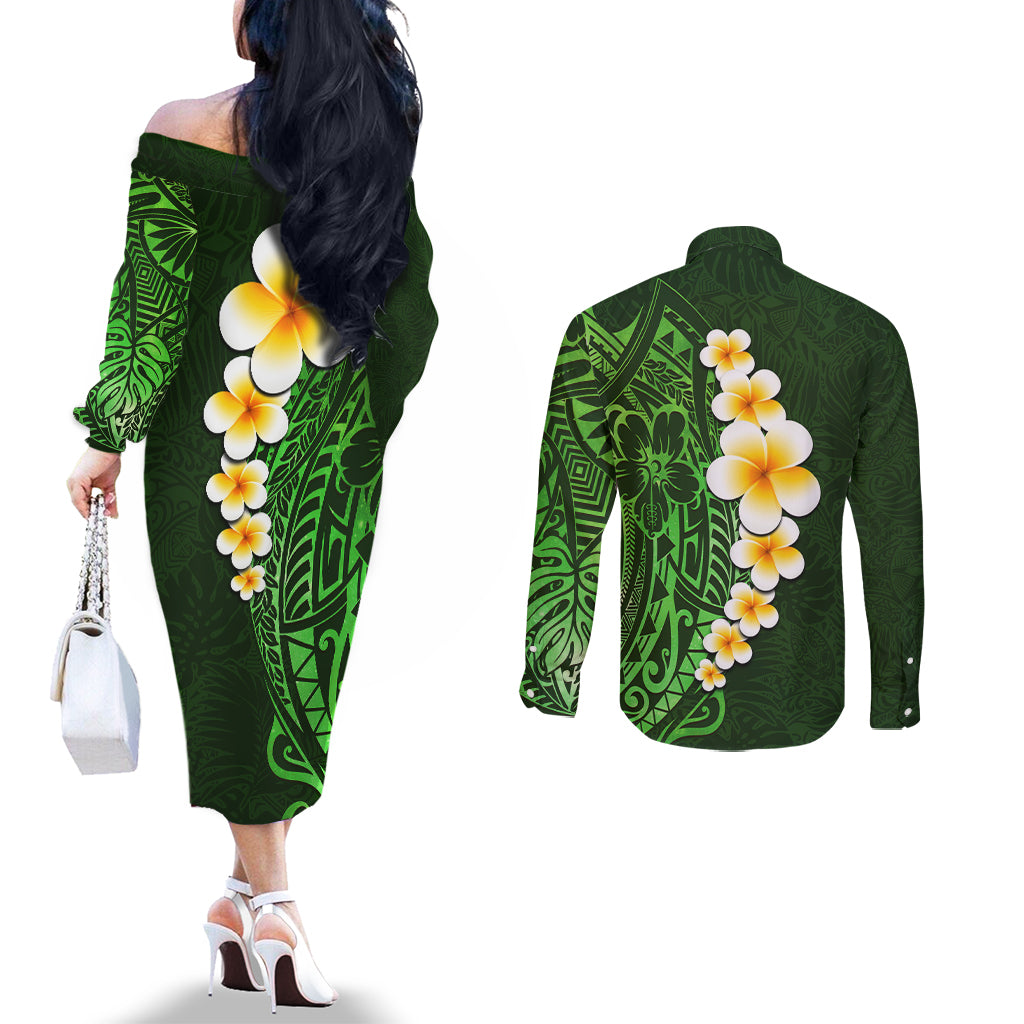 green-polynesia-couples-matching-off-the-shoulder-long-sleeve-dress-and-long-sleeve-button-shirt-plumeria-tropical-leaves-with-galaxy-polynesian-art