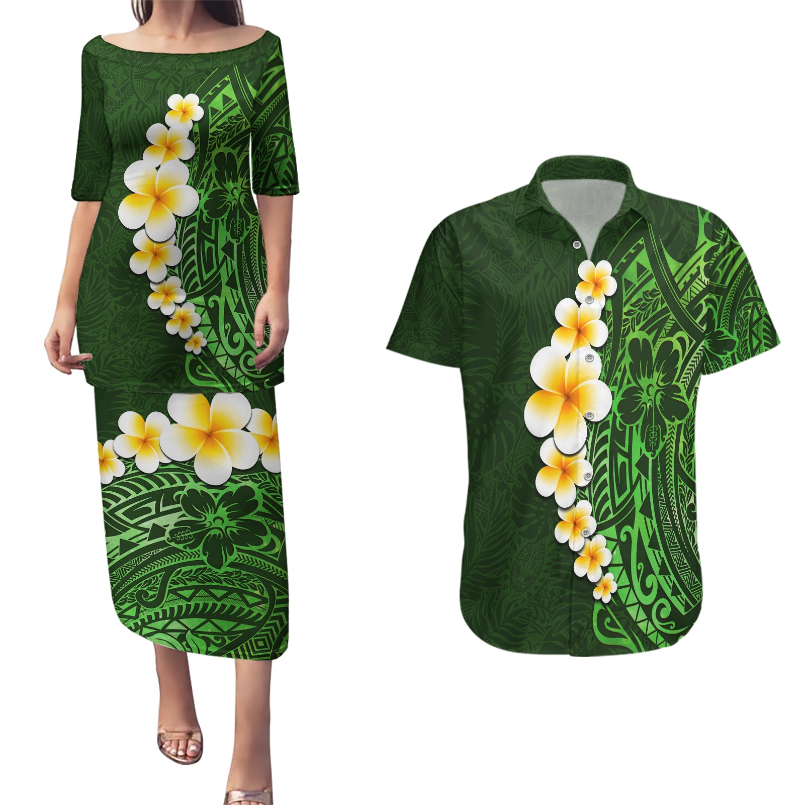 Green Polynesia Couples Matching Puletasi Dress and Hawaiian Shirt Plumeria Tropical Leaves With Galaxy Polynesian Art - Wonder Print Shop