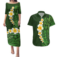 Green Polynesia Couples Matching Puletasi Dress and Hawaiian Shirt Plumeria Tropical Leaves With Galaxy Polynesian Art - Wonder Print Shop