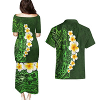 Green Polynesia Couples Matching Puletasi Dress and Hawaiian Shirt Plumeria Tropical Leaves With Galaxy Polynesian Art - Wonder Print Shop