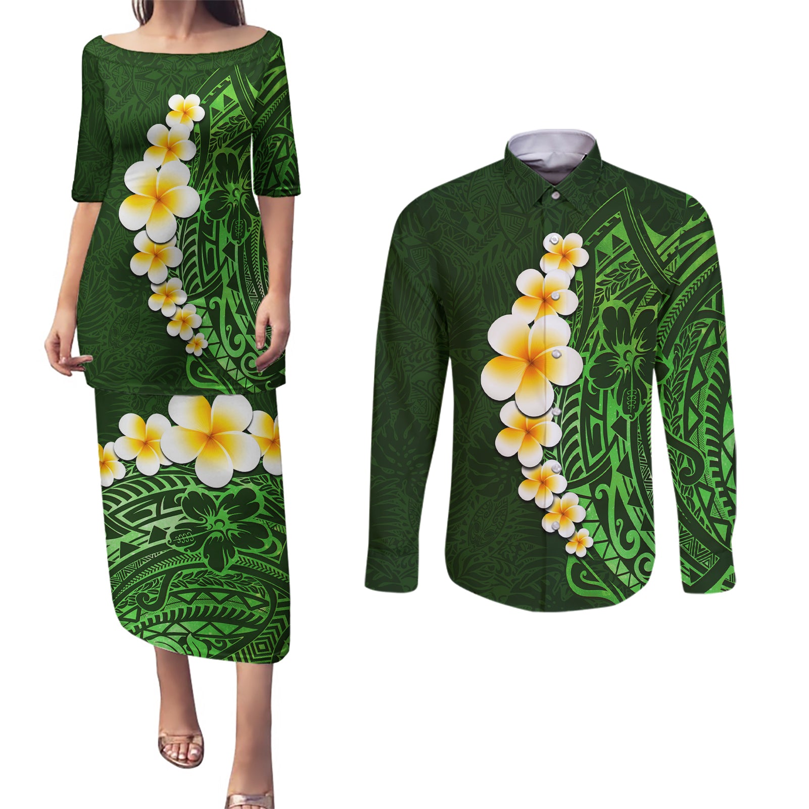 Green Polynesia Couples Matching Puletasi Dress and Long Sleeve Button Shirt Plumeria Tropical Leaves With Galaxy Polynesian Art - Wonder Print Shop
