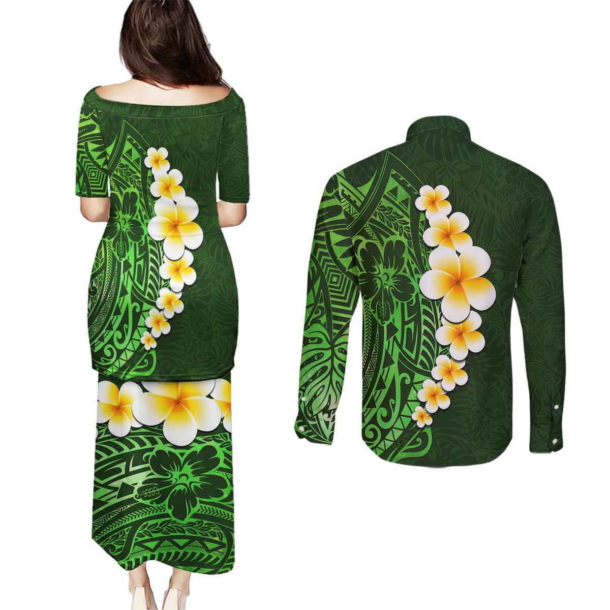 Green Polynesia Couples Matching Puletasi Dress and Long Sleeve Button Shirt Plumeria Tropical Leaves With Galaxy Polynesian Art - Wonder Print Shop
