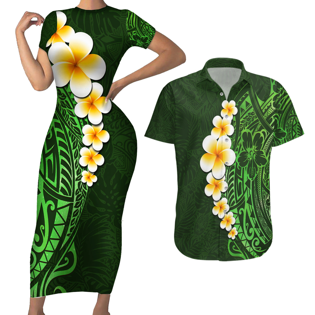 Green Polynesia Couples Matching Short Sleeve Bodycon Dress and Hawaiian Shirt Plumeria Tropical Leaves With Galaxy Polynesian Art - Wonder Print Shop