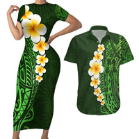 Green Polynesia Couples Matching Short Sleeve Bodycon Dress and Hawaiian Shirt Plumeria Tropical Leaves With Galaxy Polynesian Art - Wonder Print Shop