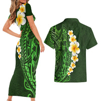Green Polynesia Couples Matching Short Sleeve Bodycon Dress and Hawaiian Shirt Plumeria Tropical Leaves With Galaxy Polynesian Art - Wonder Print Shop