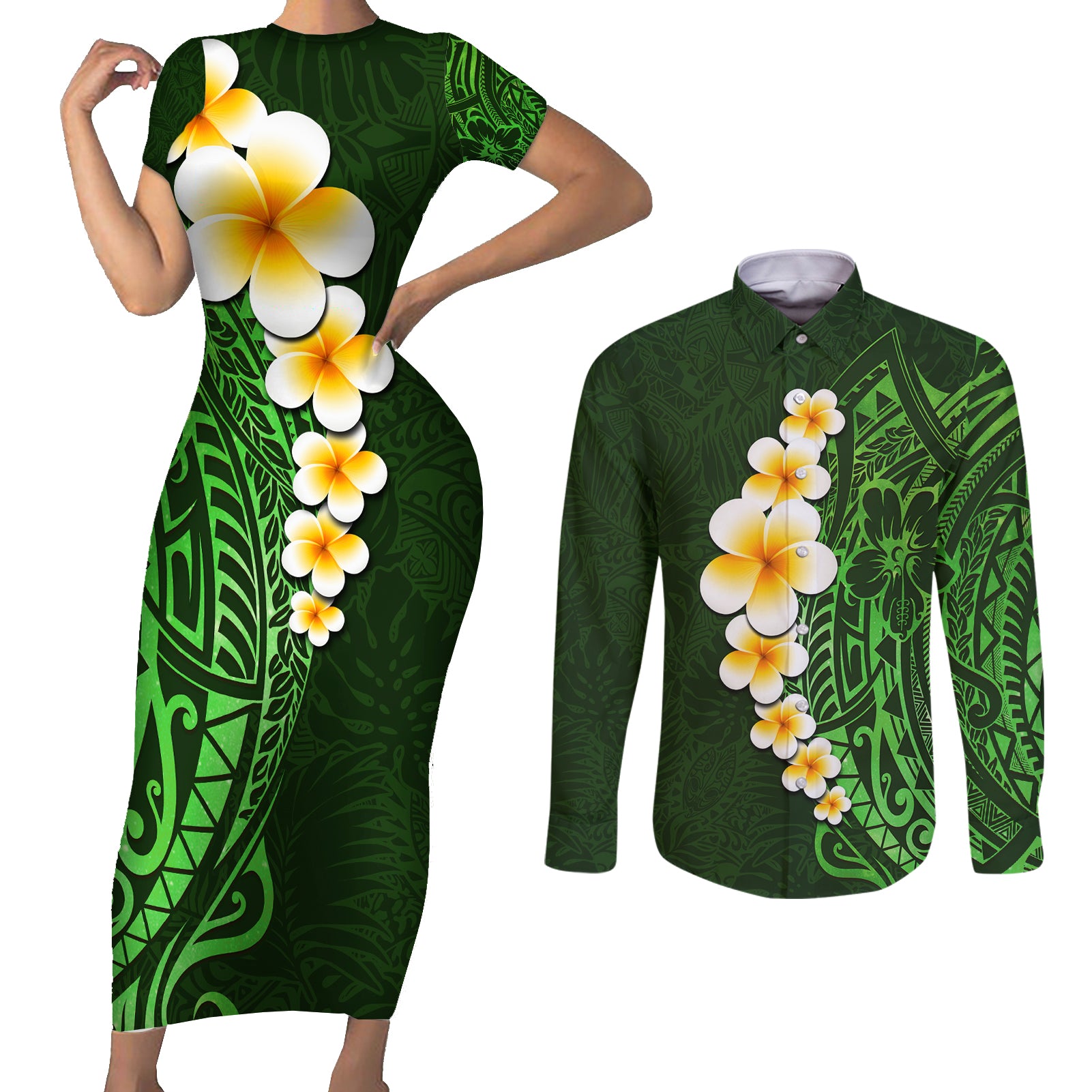 Green Polynesia Couples Matching Short Sleeve Bodycon Dress and Long Sleeve Button Shirt Plumeria Tropical Leaves With Galaxy Polynesian Art - Wonder Print Shop