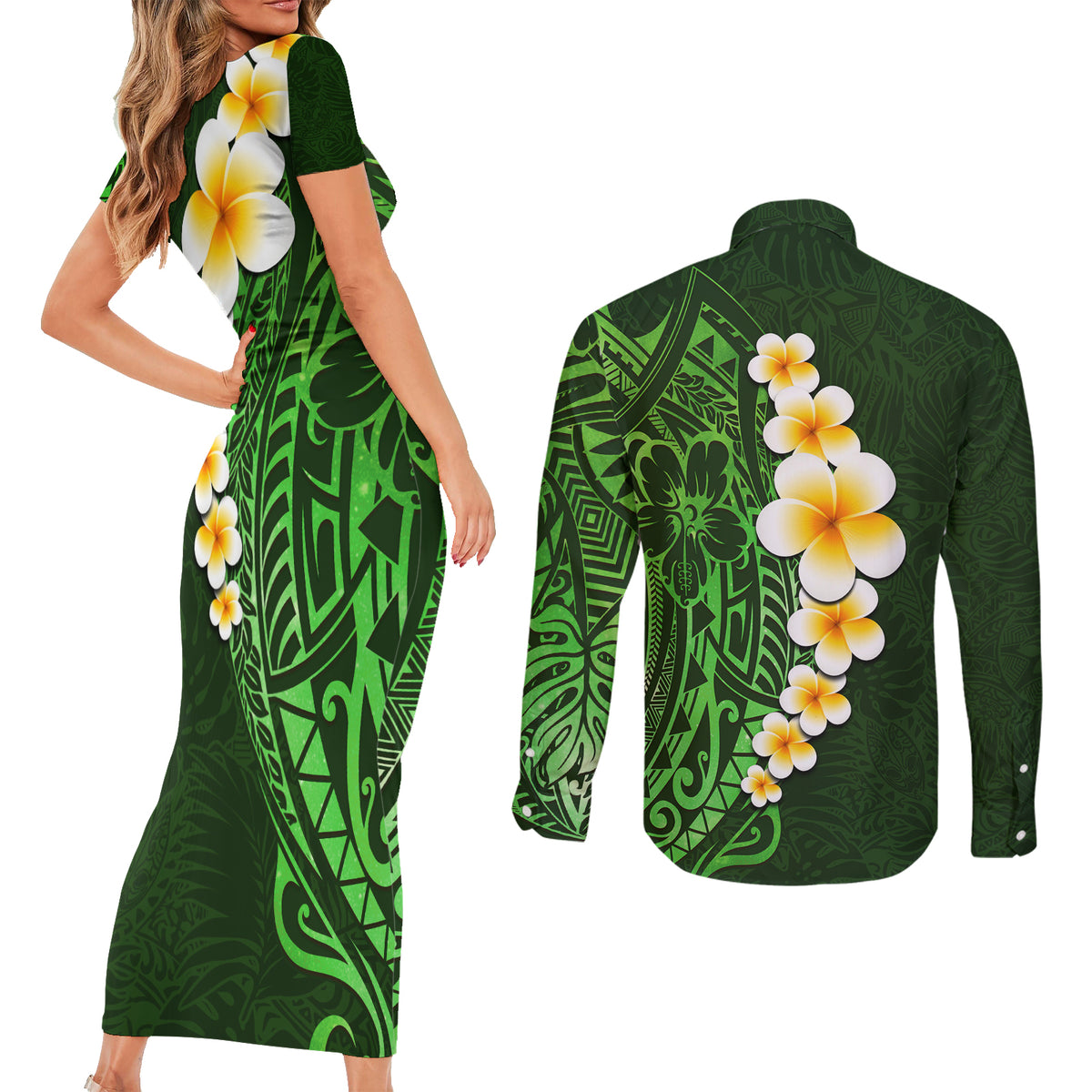 Green Polynesia Couples Matching Short Sleeve Bodycon Dress and Long Sleeve Button Shirt Plumeria Tropical Leaves With Galaxy Polynesian Art - Wonder Print Shop