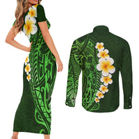 Green Polynesia Couples Matching Short Sleeve Bodycon Dress and Long Sleeve Button Shirt Plumeria Tropical Leaves With Galaxy Polynesian Art - Wonder Print Shop