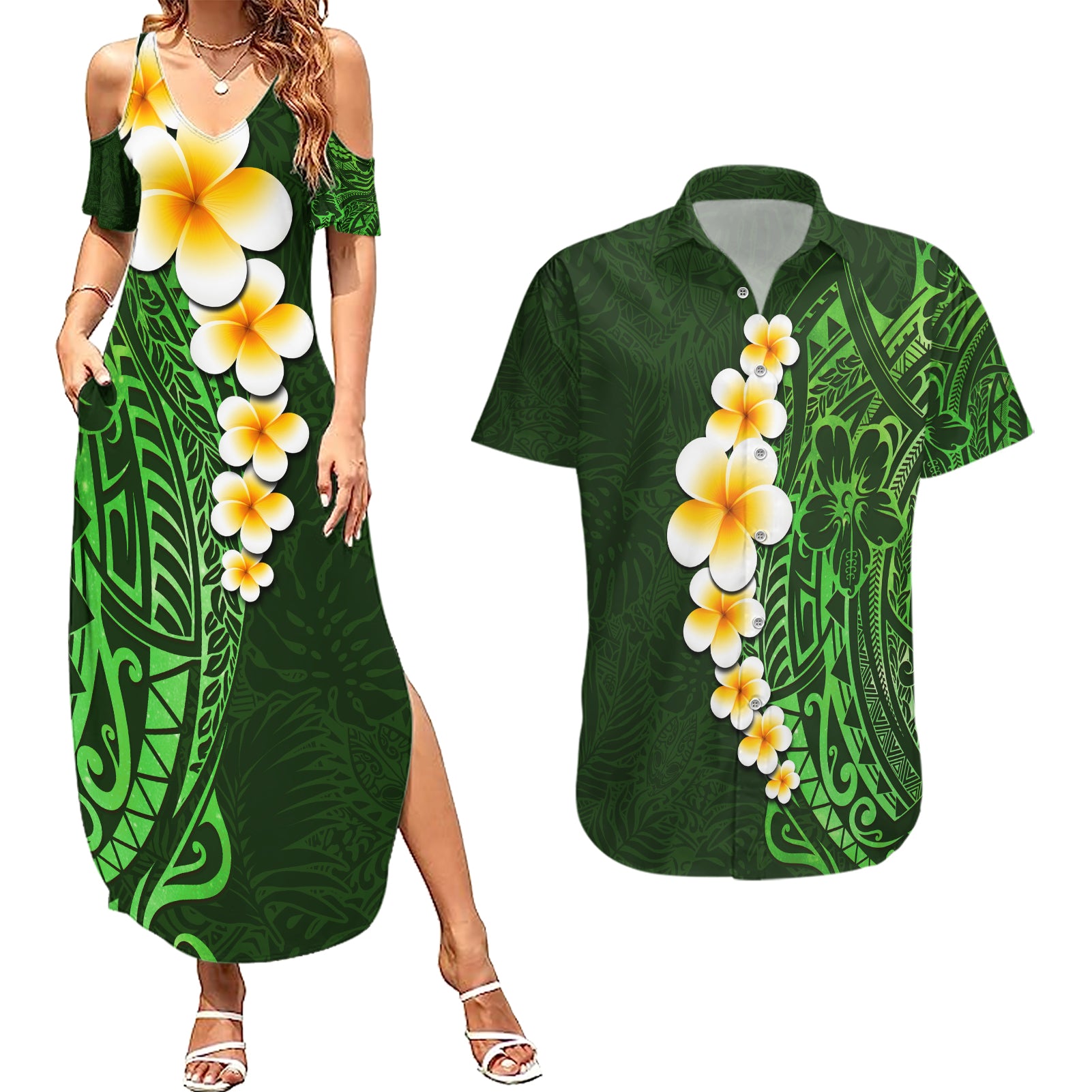Green Polynesia Couples Matching Summer Maxi Dress and Hawaiian Shirt Plumeria Tropical Leaves With Galaxy Polynesian Art - Wonder Print Shop