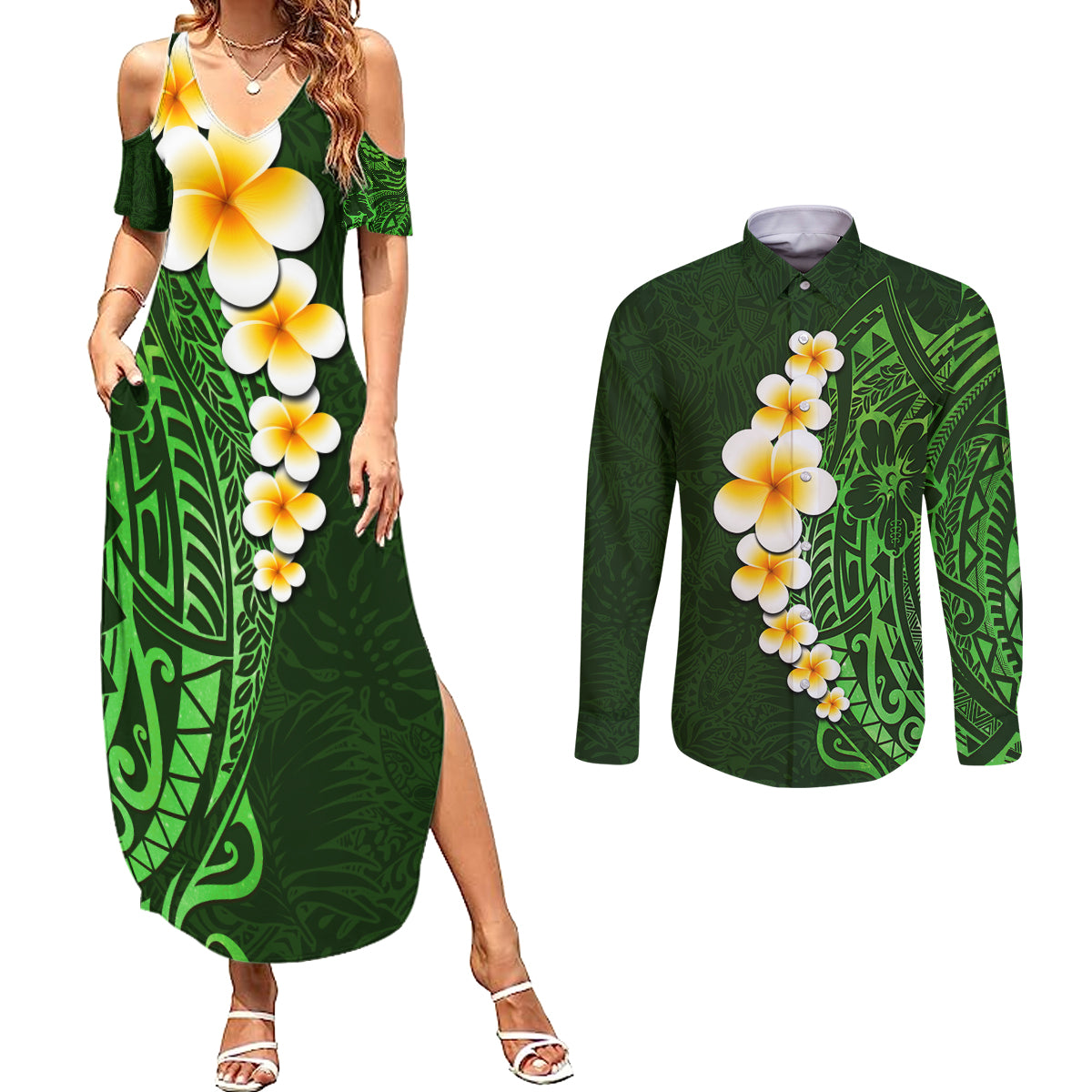 Green Polynesia Couples Matching Summer Maxi Dress and Long Sleeve Button Shirt Plumeria Tropical Leaves With Galaxy Polynesian Art - Wonder Print Shop