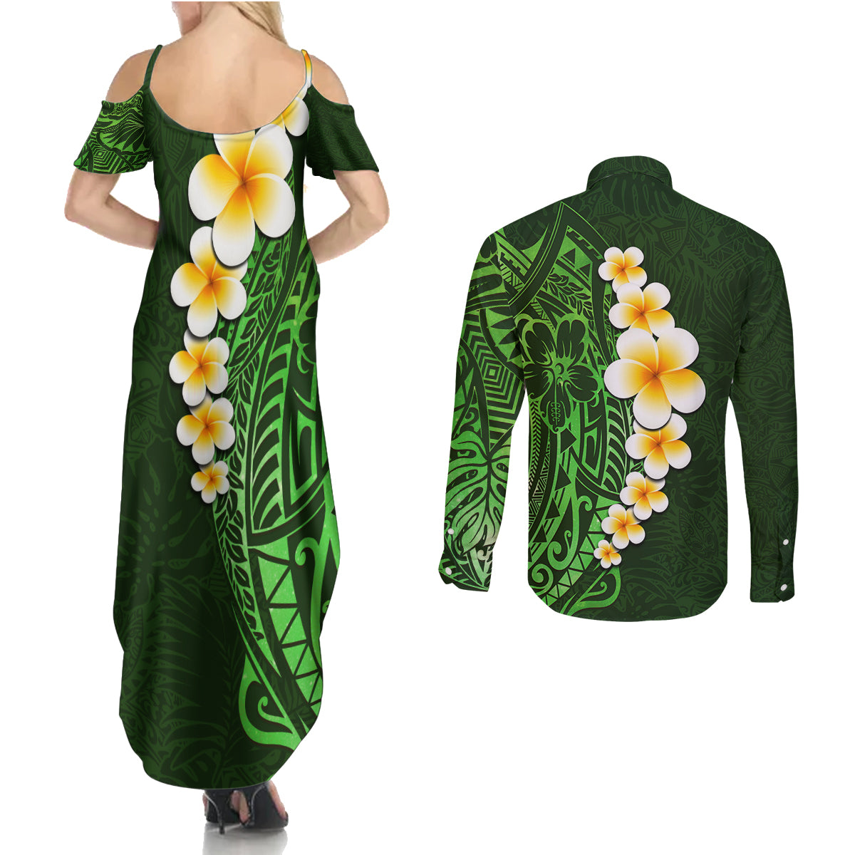 Green Polynesia Couples Matching Summer Maxi Dress and Long Sleeve Button Shirt Plumeria Tropical Leaves With Galaxy Polynesian Art - Wonder Print Shop