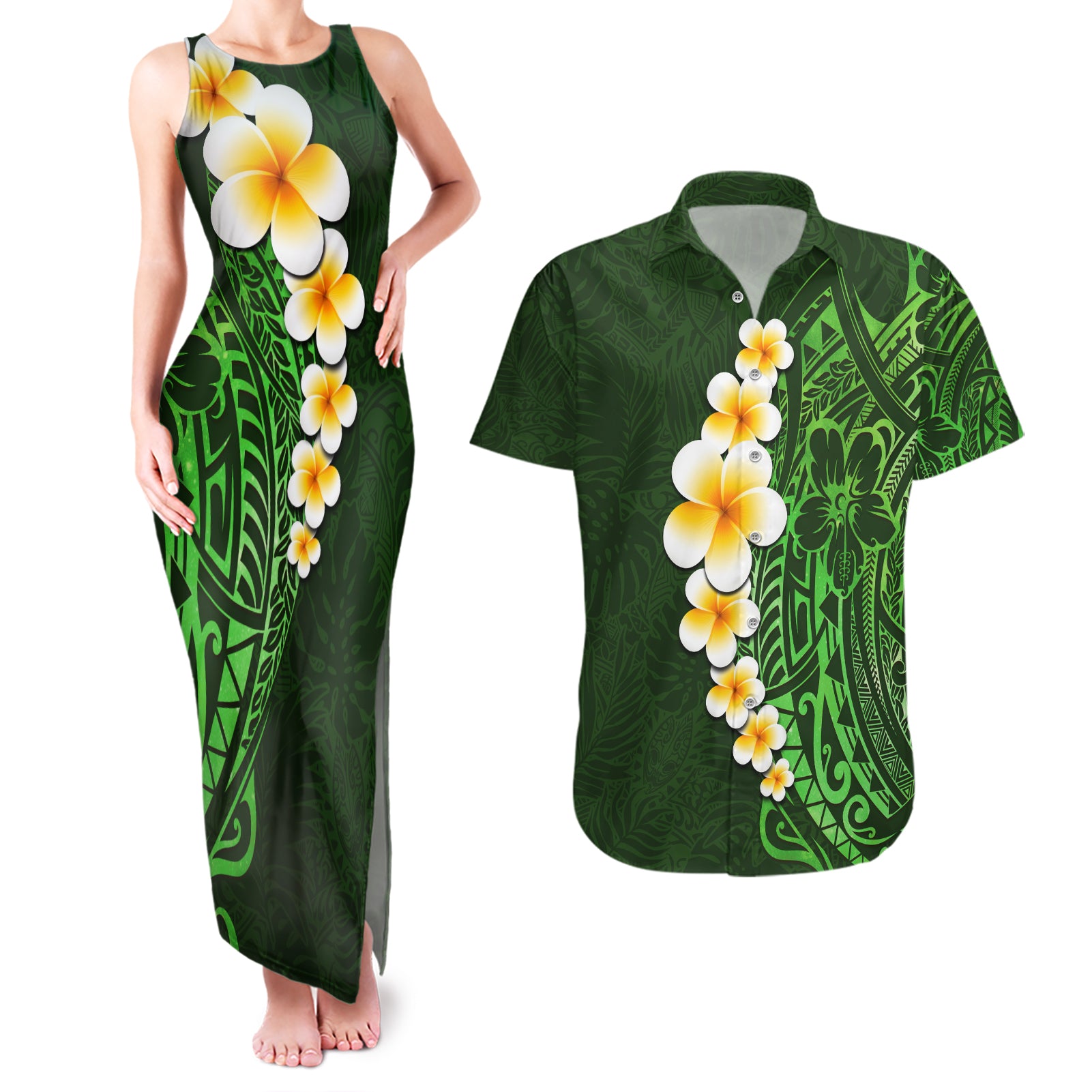 Green Polynesia Couples Matching Tank Maxi Dress and Hawaiian Shirt Plumeria Tropical Leaves With Galaxy Polynesian Art - Wonder Print Shop