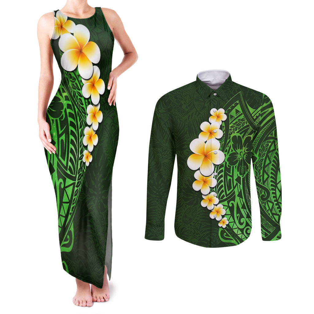 Green Polynesia Couples Matching Tank Maxi Dress and Long Sleeve Button Shirt Plumeria Tropical Leaves With Galaxy Polynesian Art - Wonder Print Shop