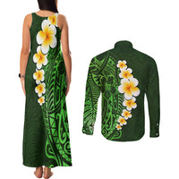Green Polynesia Couples Matching Tank Maxi Dress and Long Sleeve Button Shirt Plumeria Tropical Leaves With Galaxy Polynesian Art - Wonder Print Shop