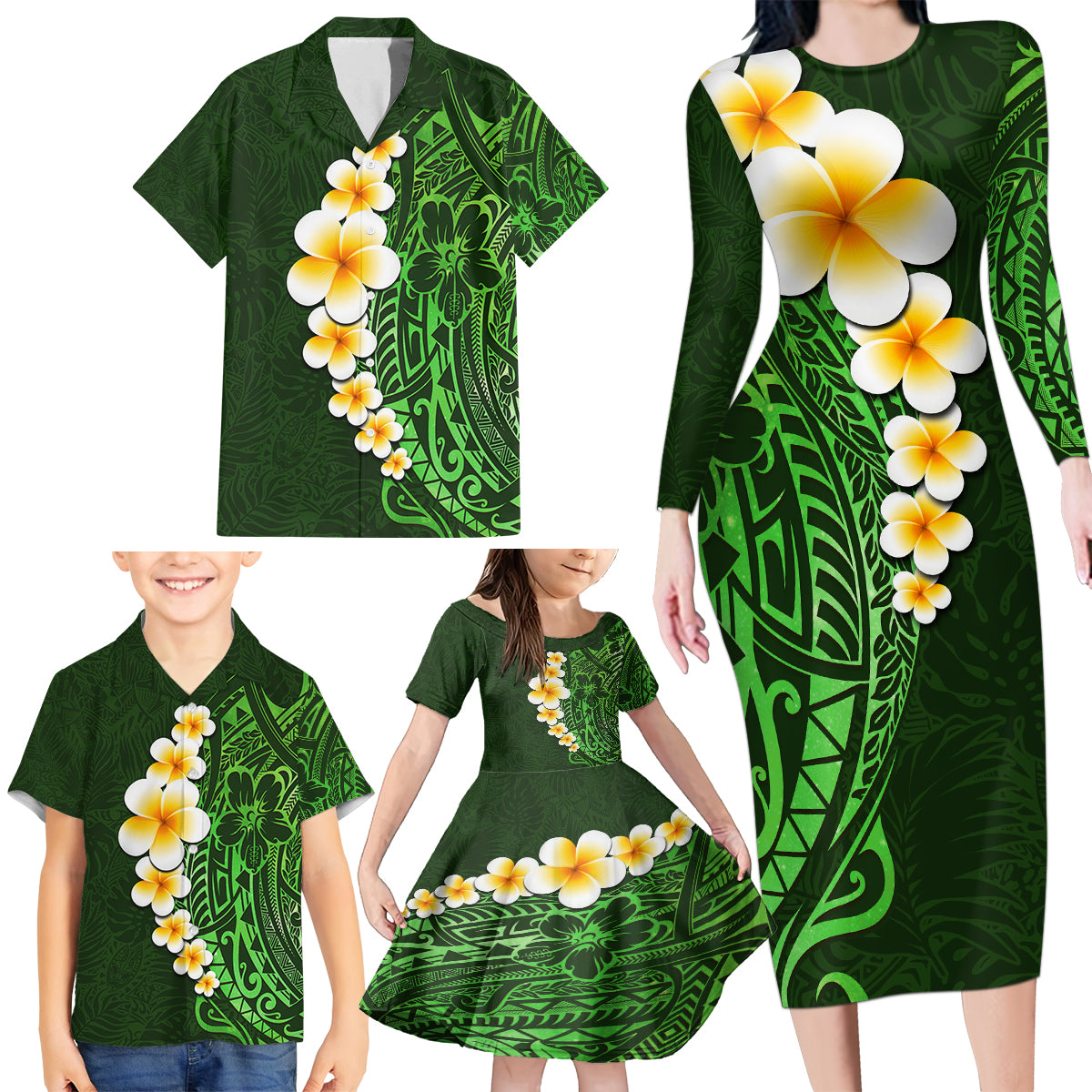 Green Polynesia Family Matching Long Sleeve Bodycon Dress and Hawaiian Shirt Plumeria Tropical Leaves With Galaxy Polynesian Art - Wonder Print Shop